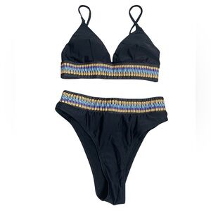 Women’s two (2) piece black triangle top cheeky bottom bikini w colorful accents